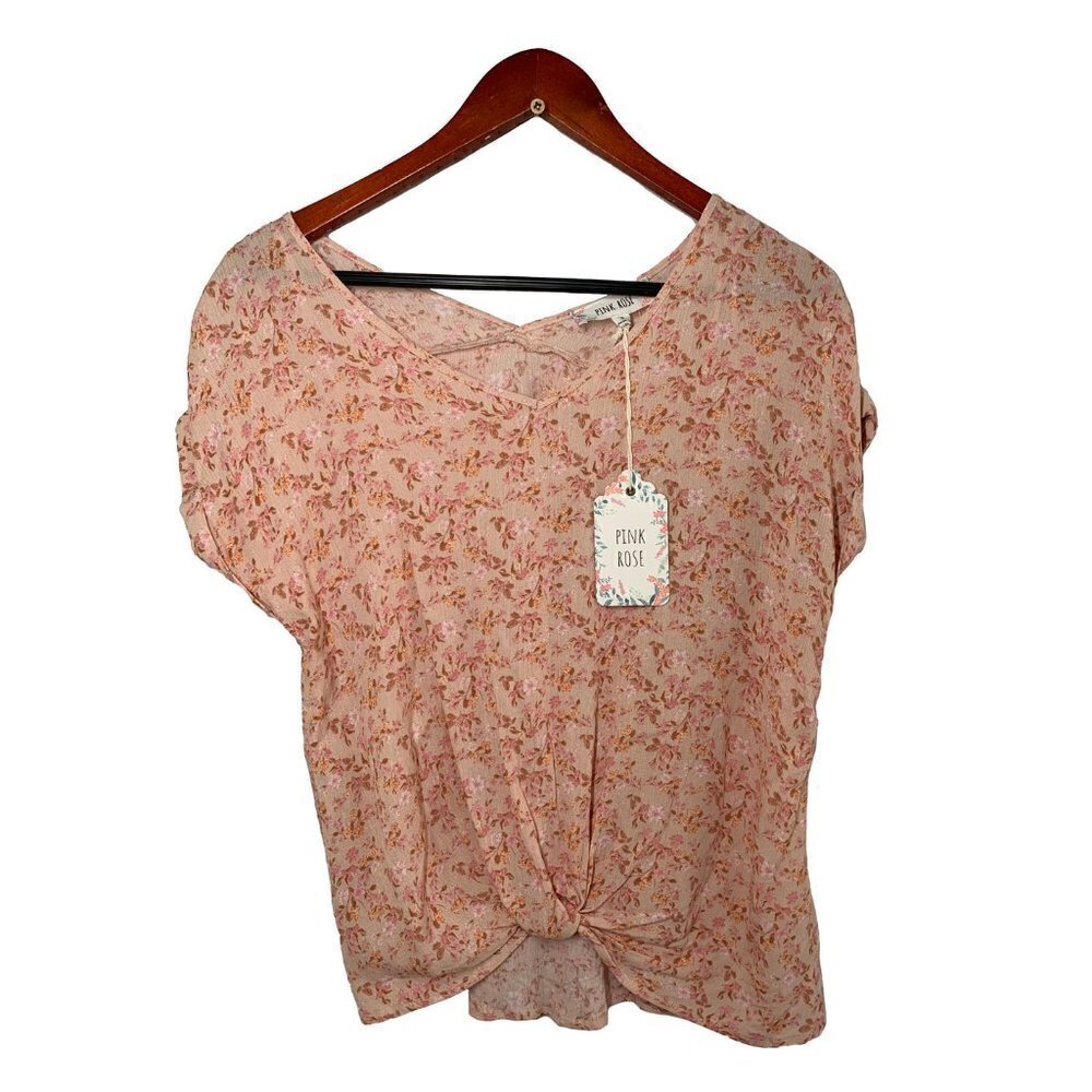 Pink Rose Pink Floral Double V Top Short Sleeves S